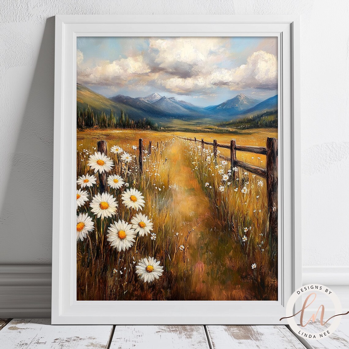 Rustic Meadow Landscape, Wild Daisies Art Print - Image 2