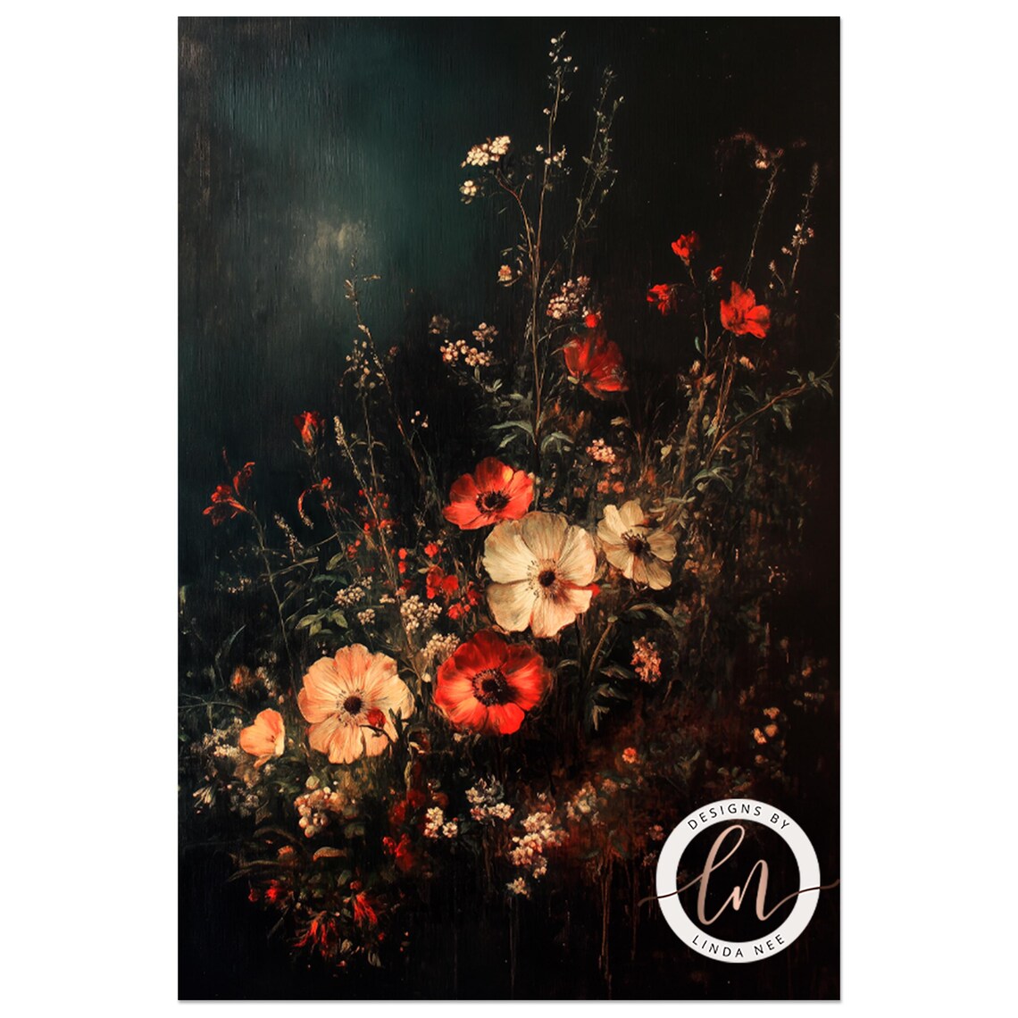 Dark Floral Painting, Vintage Moody Wall Art Print - Image 2