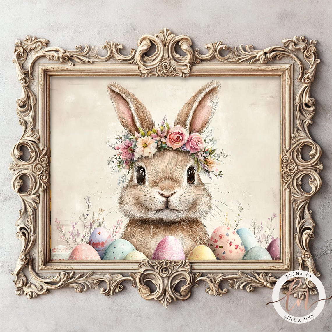 Easter Bunny Floral Crown Painted Eggs Cute Spring Nursery Art Poster - Image 3