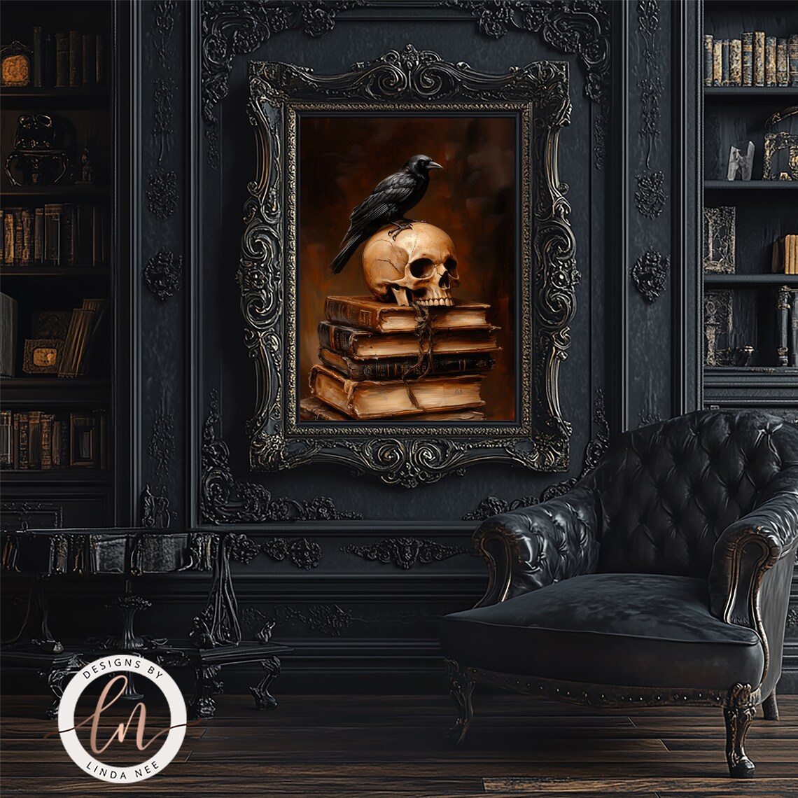 Raven On Skull Stack Of Old Books Dark Academia Moody Oil Painting Poster - Image 2