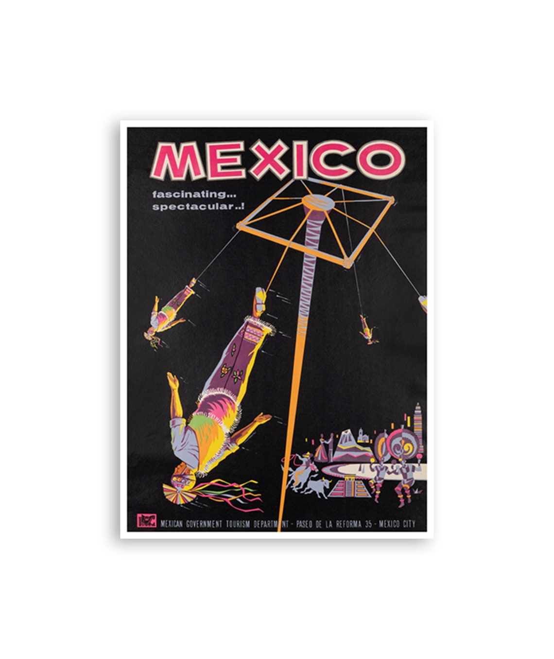 Mexico Fascinating Spectacular Papantla Flyers Night Ritual Art Poster