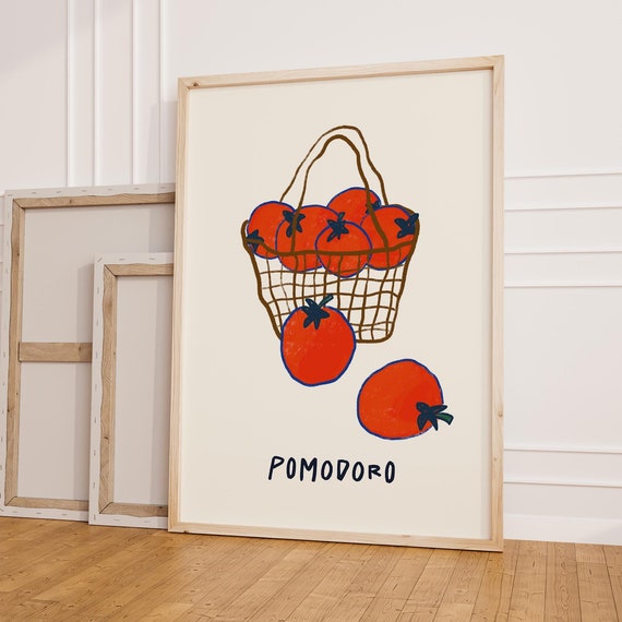 Trendy Tomato In Basket Poster Retro Pomodoro Print Hand Drawn Vegetable Illustration Modern Kitchen Wall Art Apartment Decor