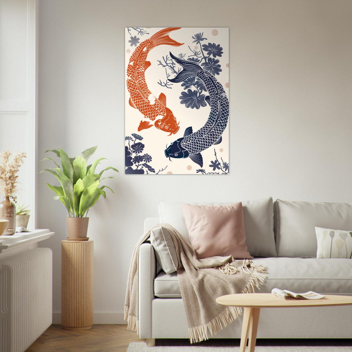 Koi Fish Poster Two Koi Fish In Linocut Style Harmony And Balance In Blue And Orange Premium Posters In A4 To A0 Koi Yin Yang - Image 6