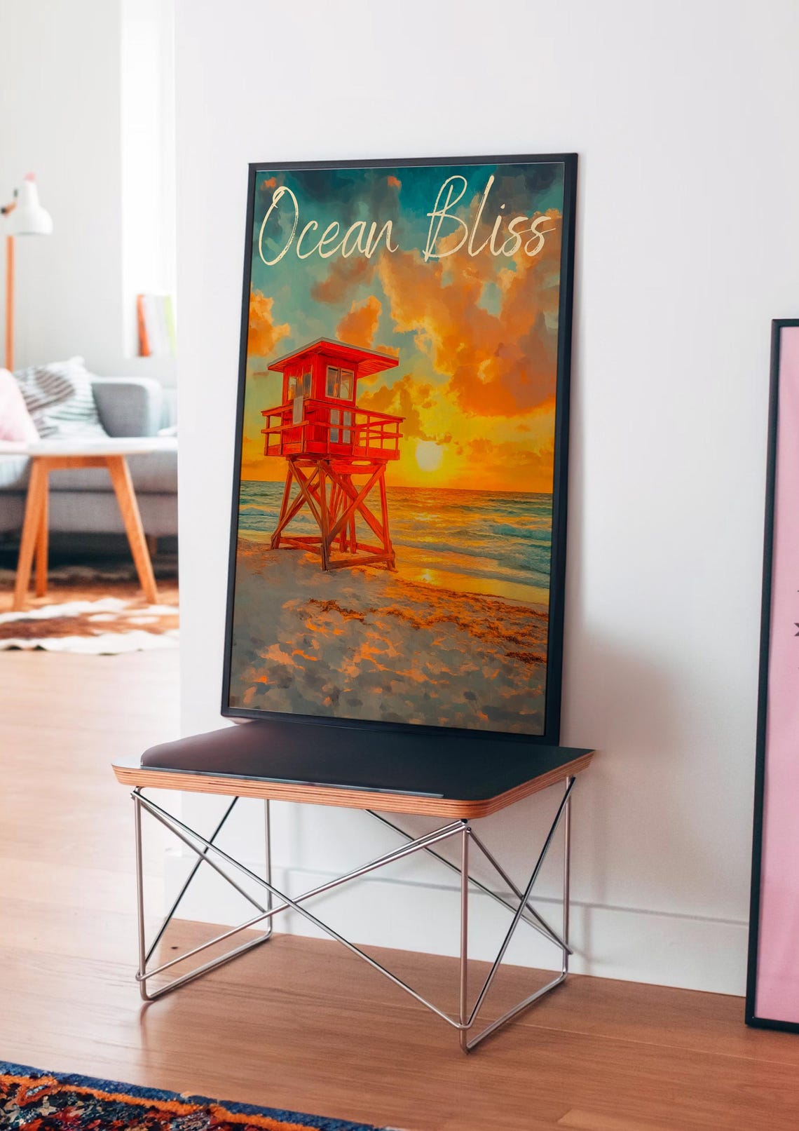 Ocean Bliss Sunset Beach Poster with Red Lifeguard Tower at Dusk - Image 3