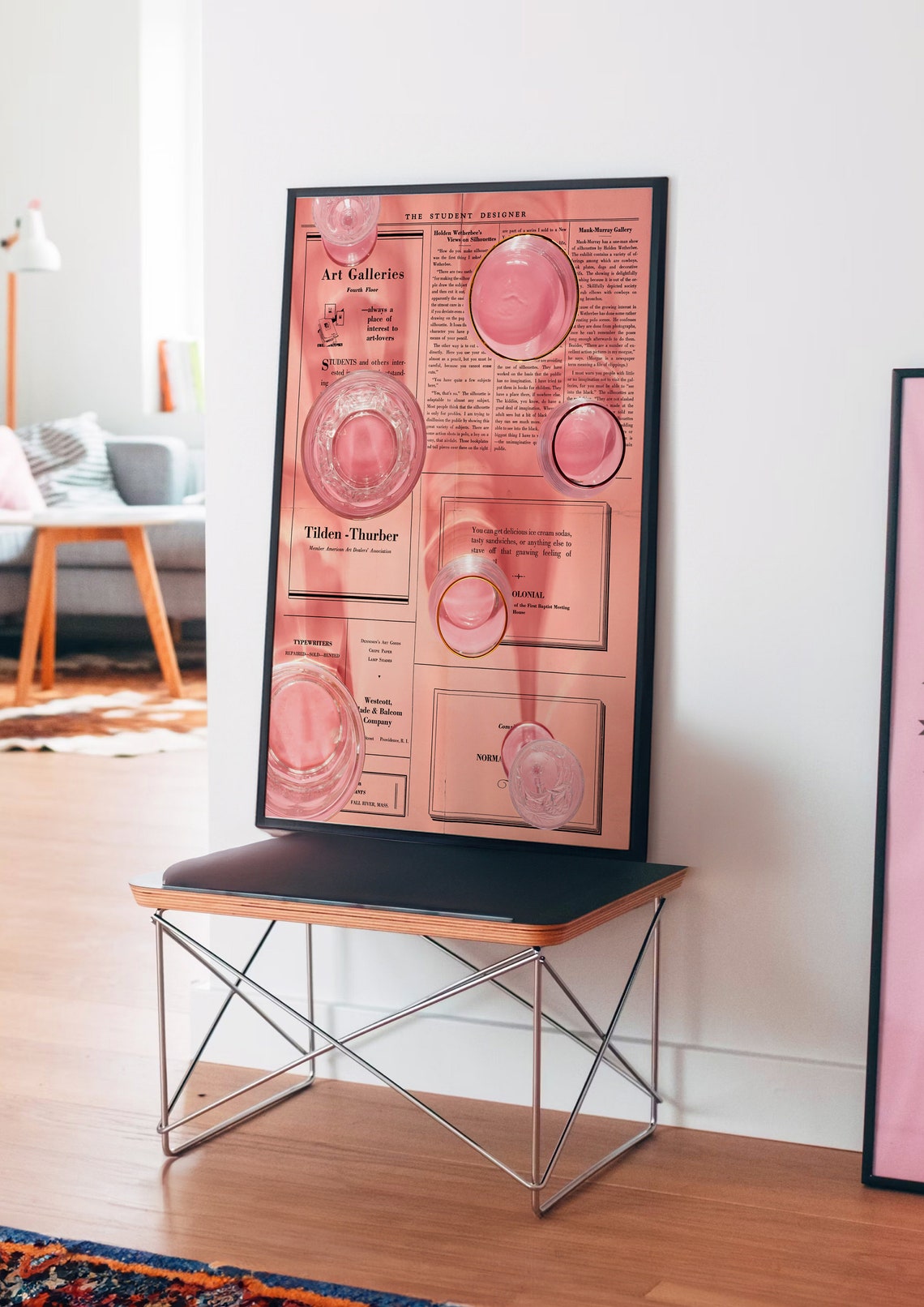 Pink Newspaper Typography Collage with Floating Glass Discs Poster - Image 4