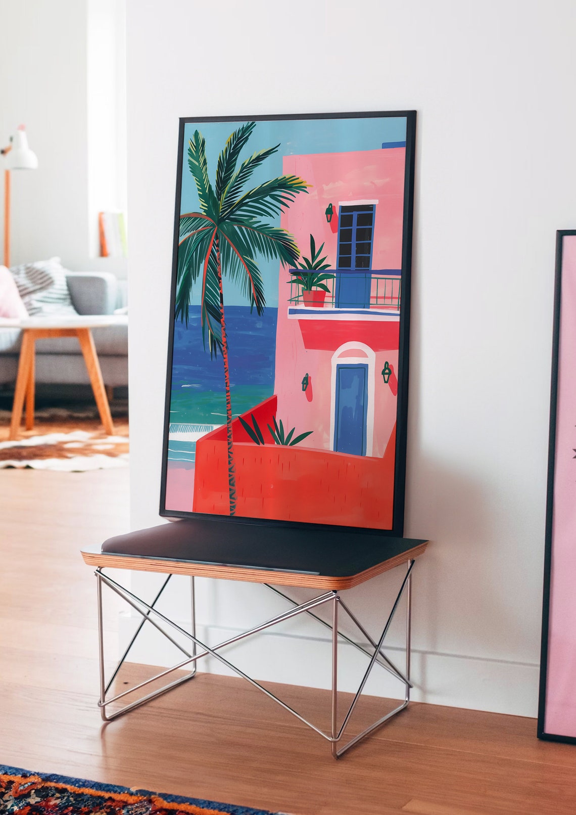 Pink Mediterranean Coastal House Palm Tree Blue Ocean Art Poster - Image 4