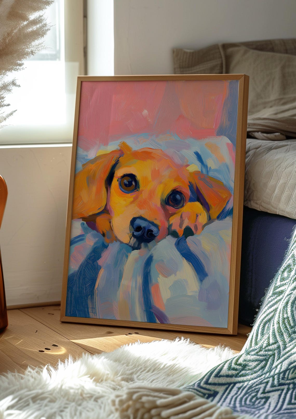 Golden Puppy Snuggled in a Blue Blanket Cute Painting Poster - Image 2