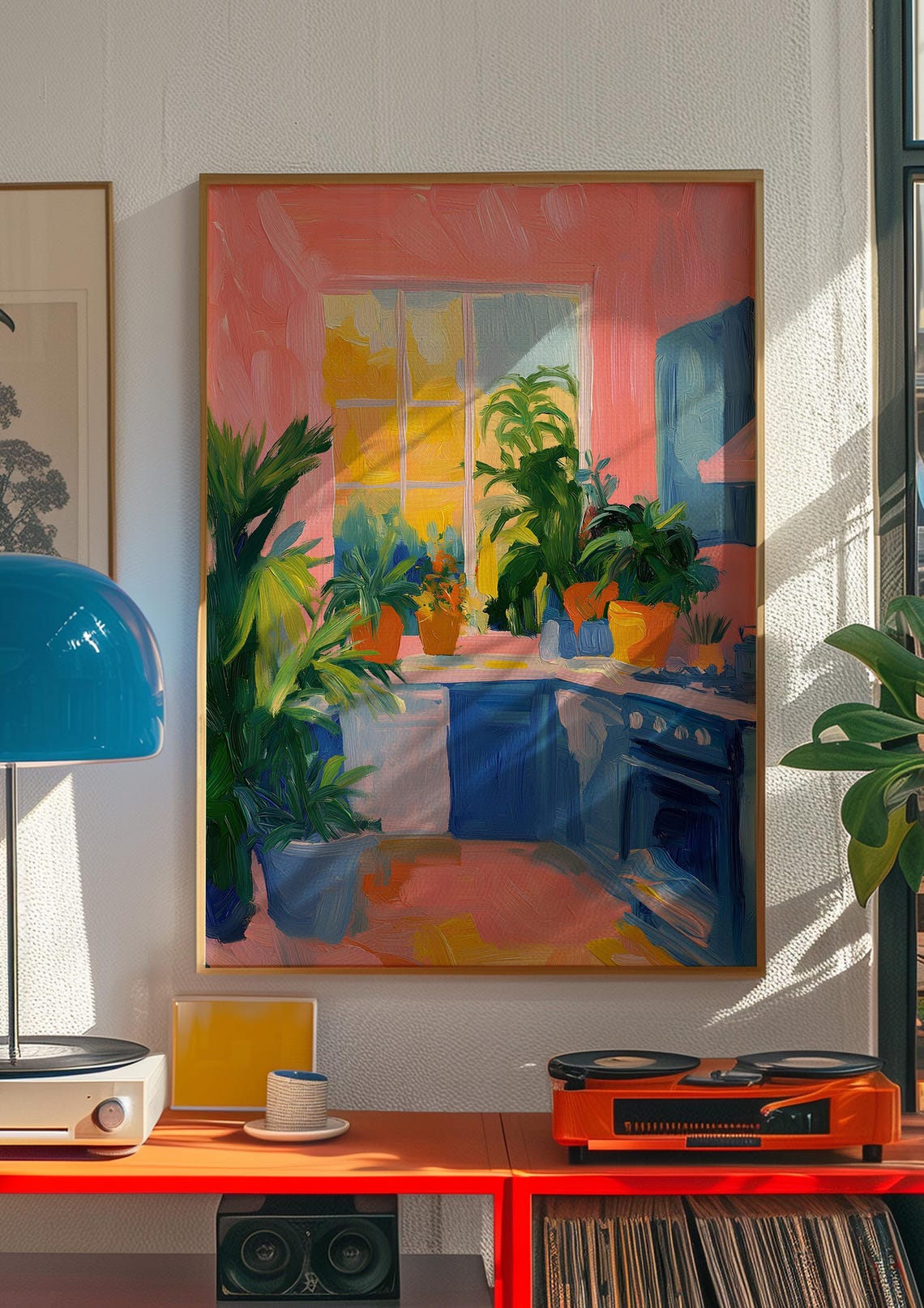 Colorful Pink and Blue Kitchen Interior with Potted Plants Poster - Image 3
