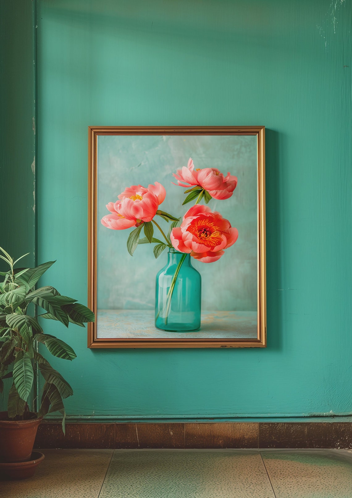 Pink Peonies Teal Vase Soft Floral Still Life Botanical Poster - Image 2