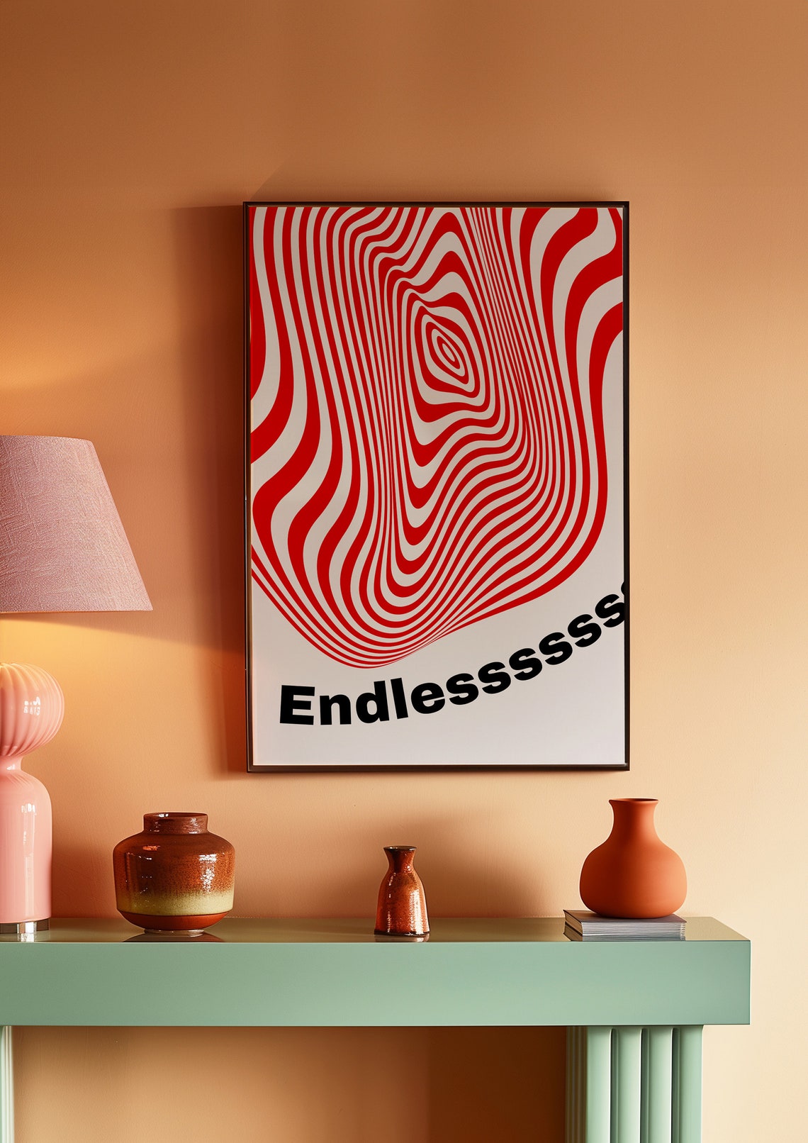 Endless Retro Red Line Art Poster with Psychedelic Wavy Pattern - Image 2