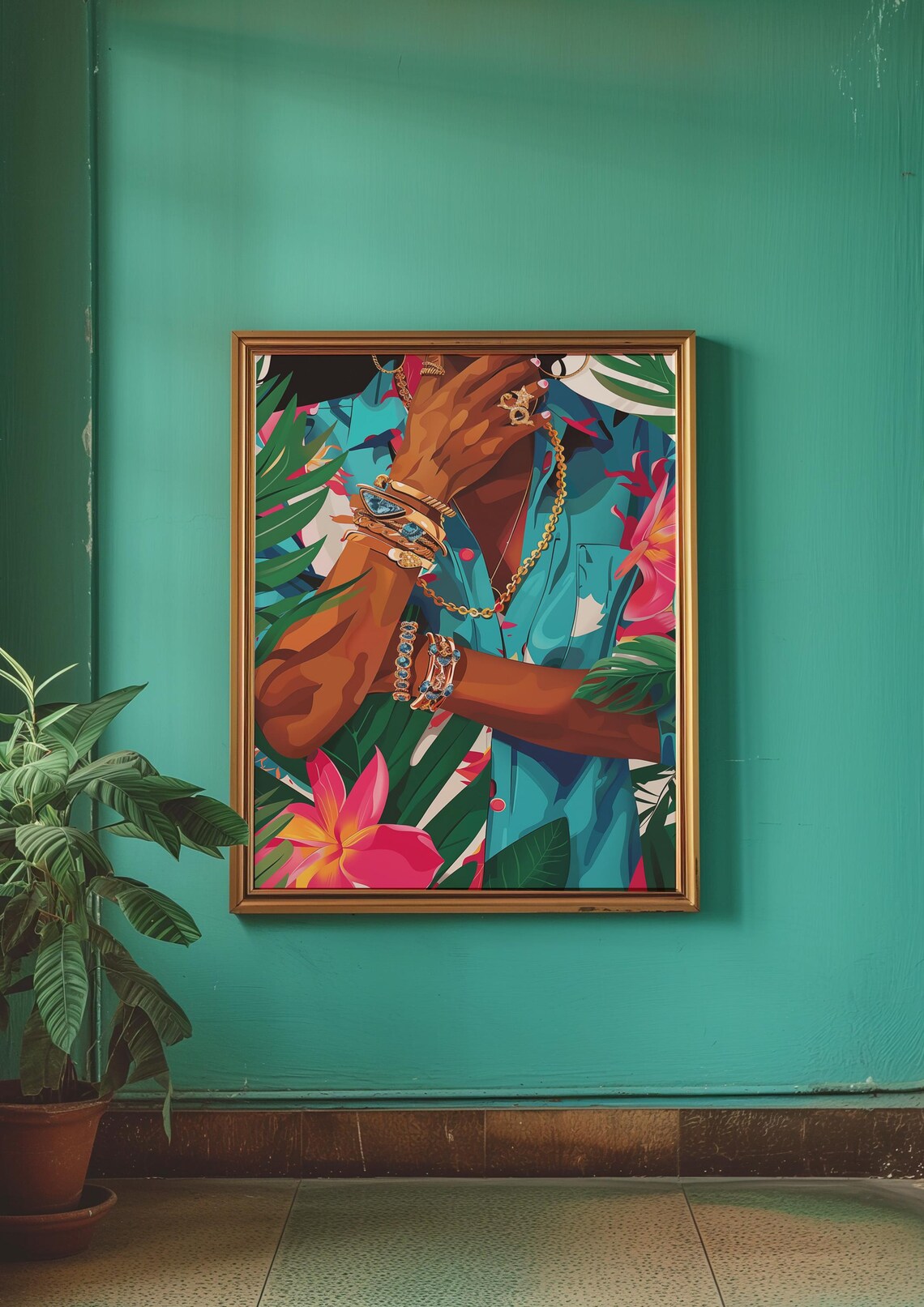 Gold Jewelry Hands Tropical Flowers Fashion Illustration Art Poster - Image 2