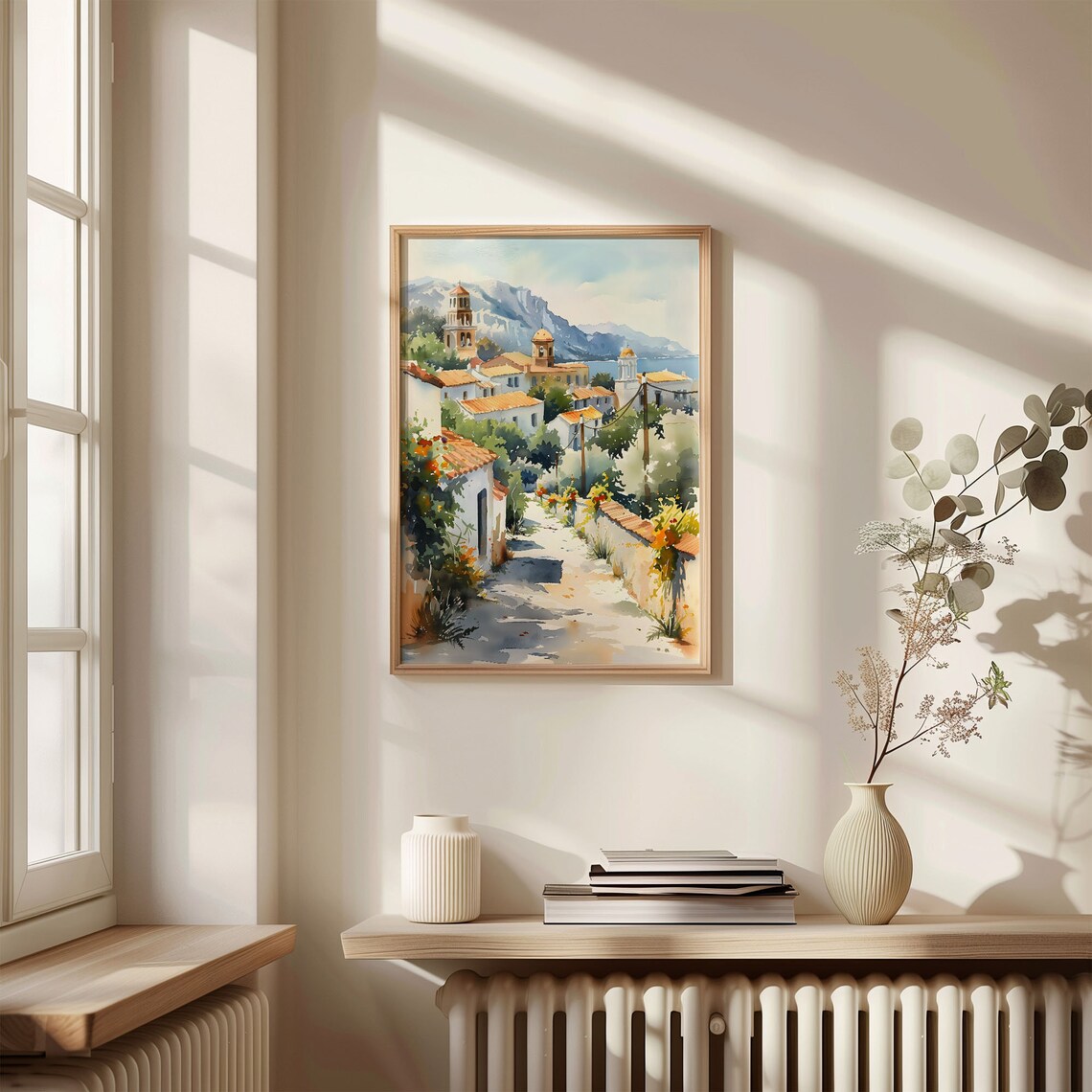 Athens Greece Coastal Village Church Towers Watercolor Poster - Image 4