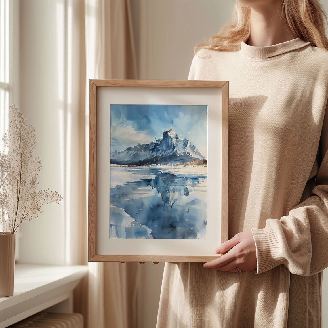 Snowy Mountain Peak Frozen Lake Reflection Blue Watercolor Print - Image 2