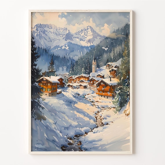 Verbier Switzerland Alpine Ski Village Winter Watercolor Poster