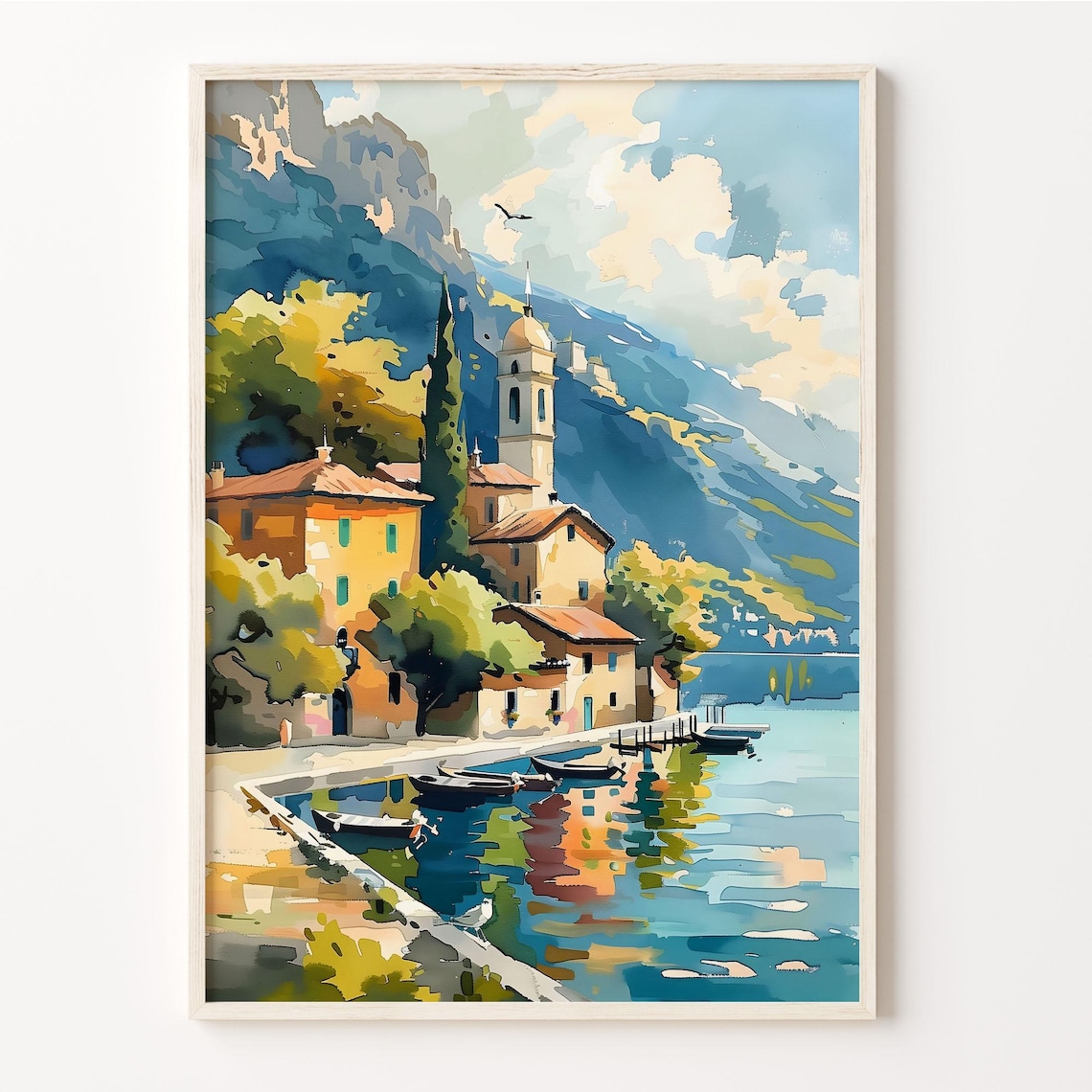 Lake Garda Italy Lakeside Village Church Tower Boats Watercolor Poster