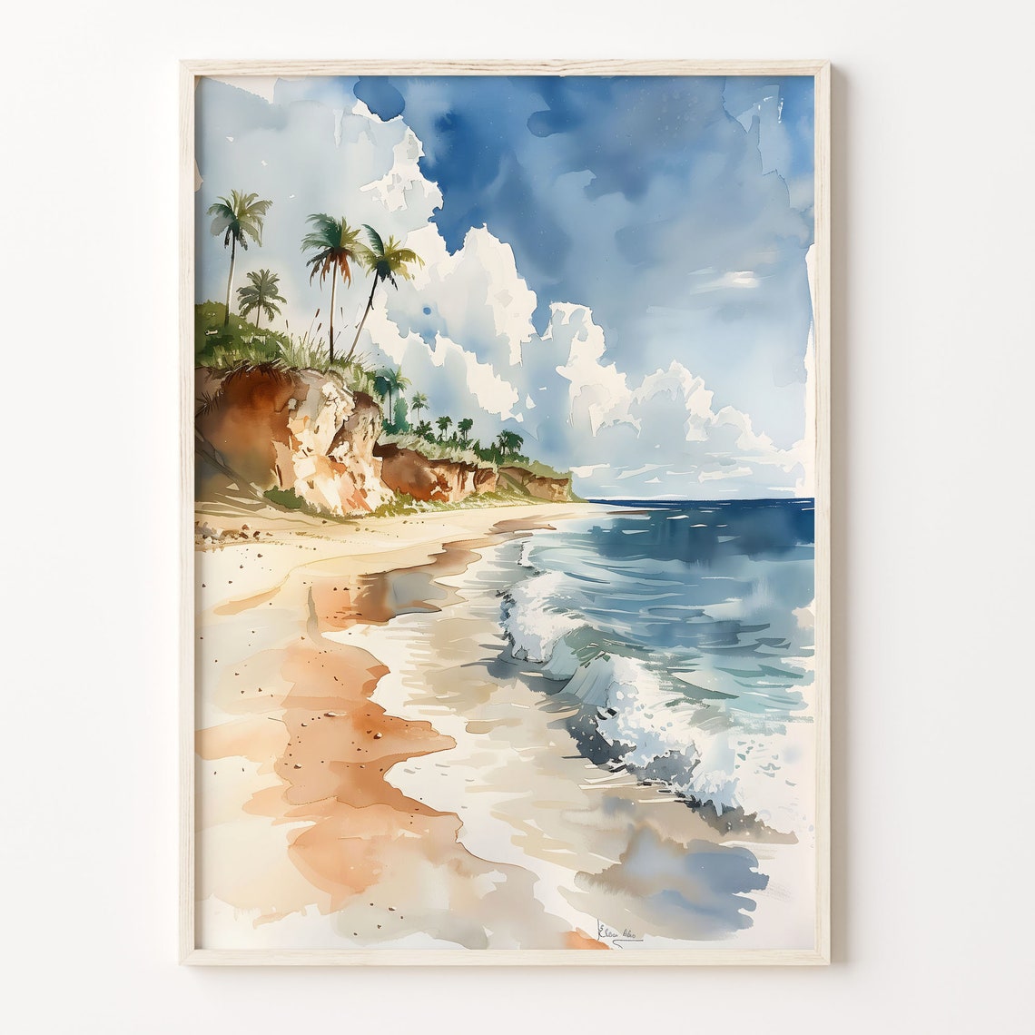 Belize Caribbean Beach Palm Cliffs Turquoise Waves Watercolor Poster
