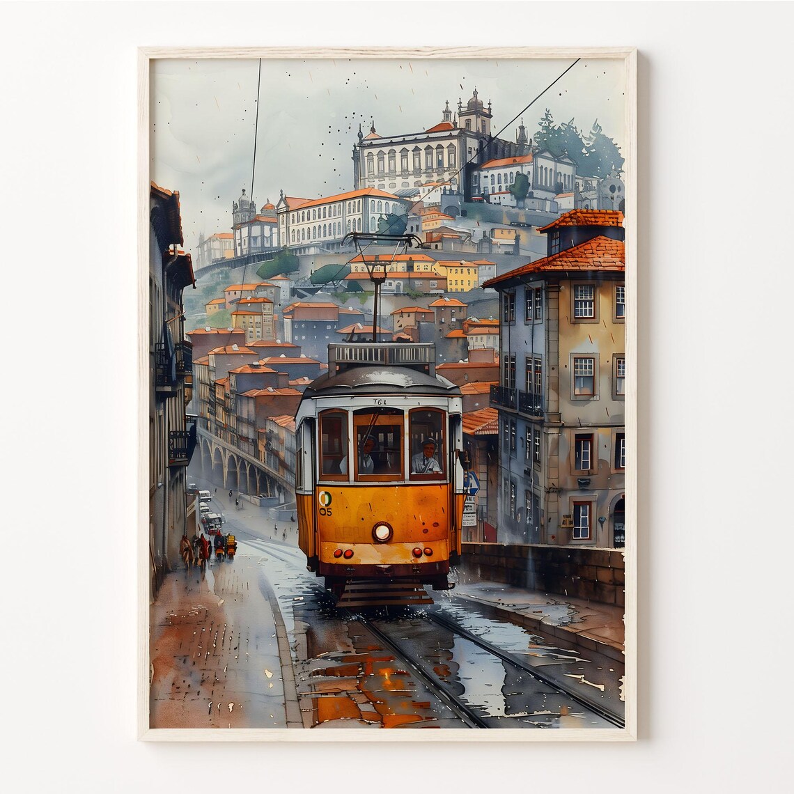 Porto Portugal Yellow Tram Rainy Old Town Street Watercolor Poster