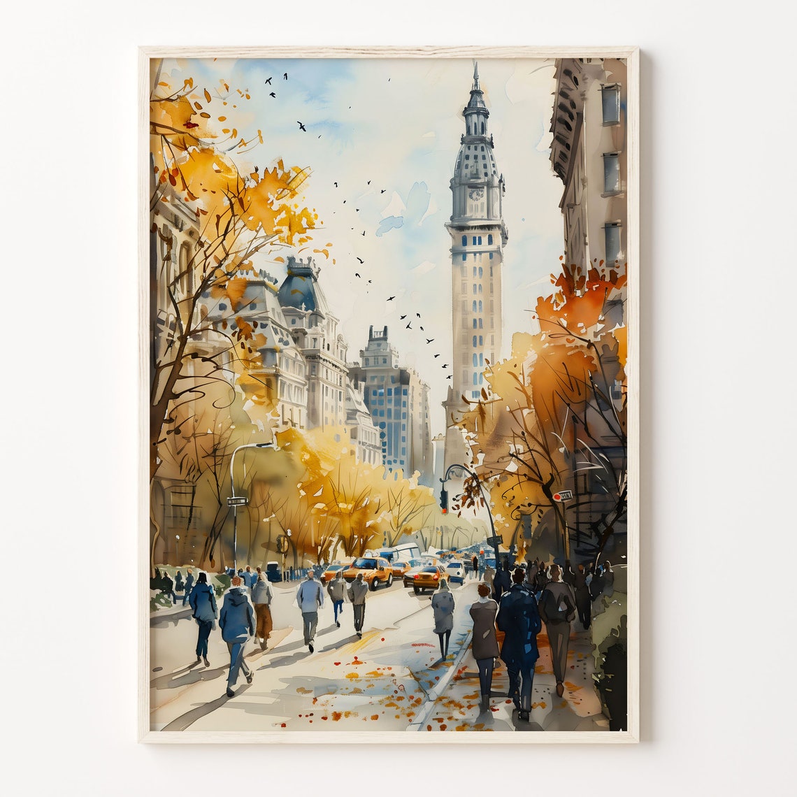 New York Autumn Watercolor Poster Busy Street Clock Tower Taxis