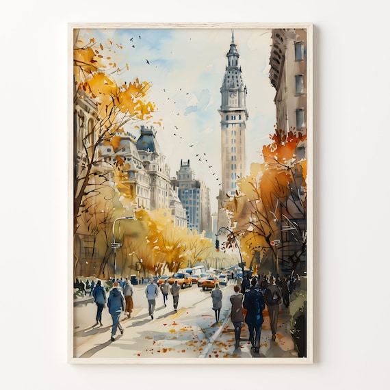 New York Autumn Watercolor Poster Busy Street Clock Tower Taxis