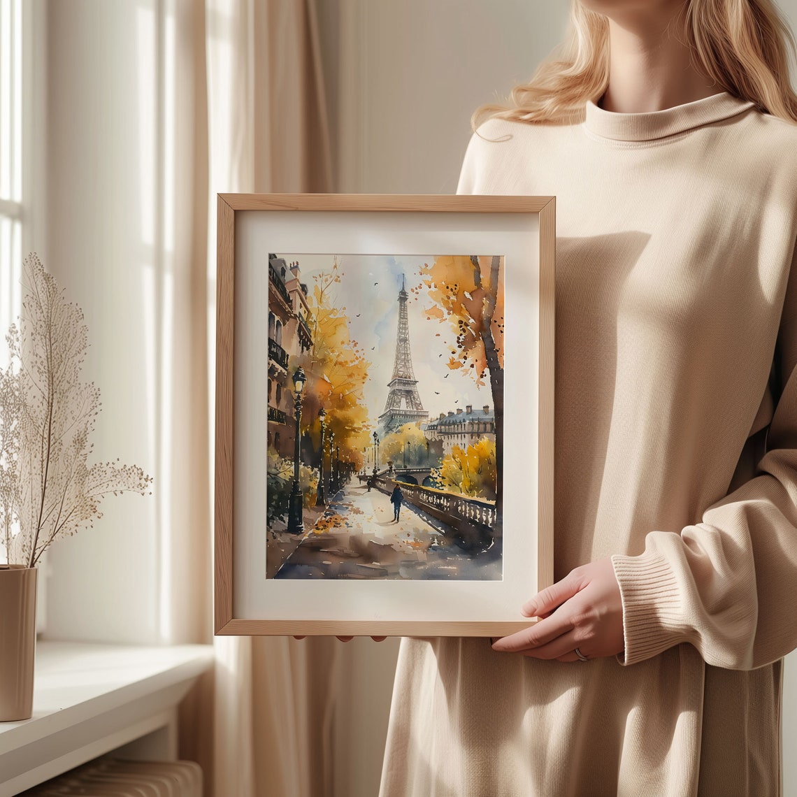 Paris Eiffel Tower Watercolor Poster Autumn Bridge Lampposts Stroll - Image 2