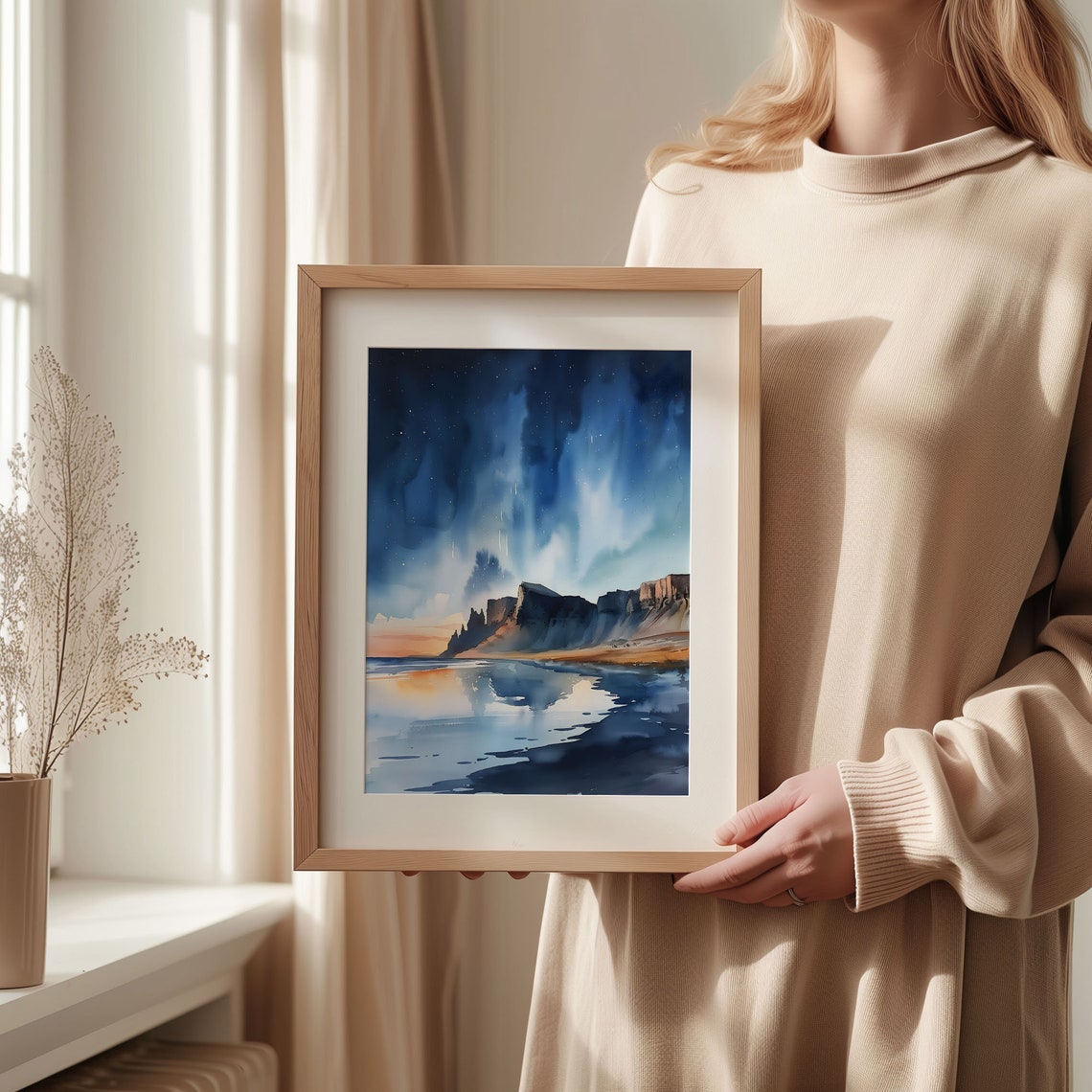 Northern Lights Watercolor Poster Aurora Stars Ocean Cliff Night - Image 2