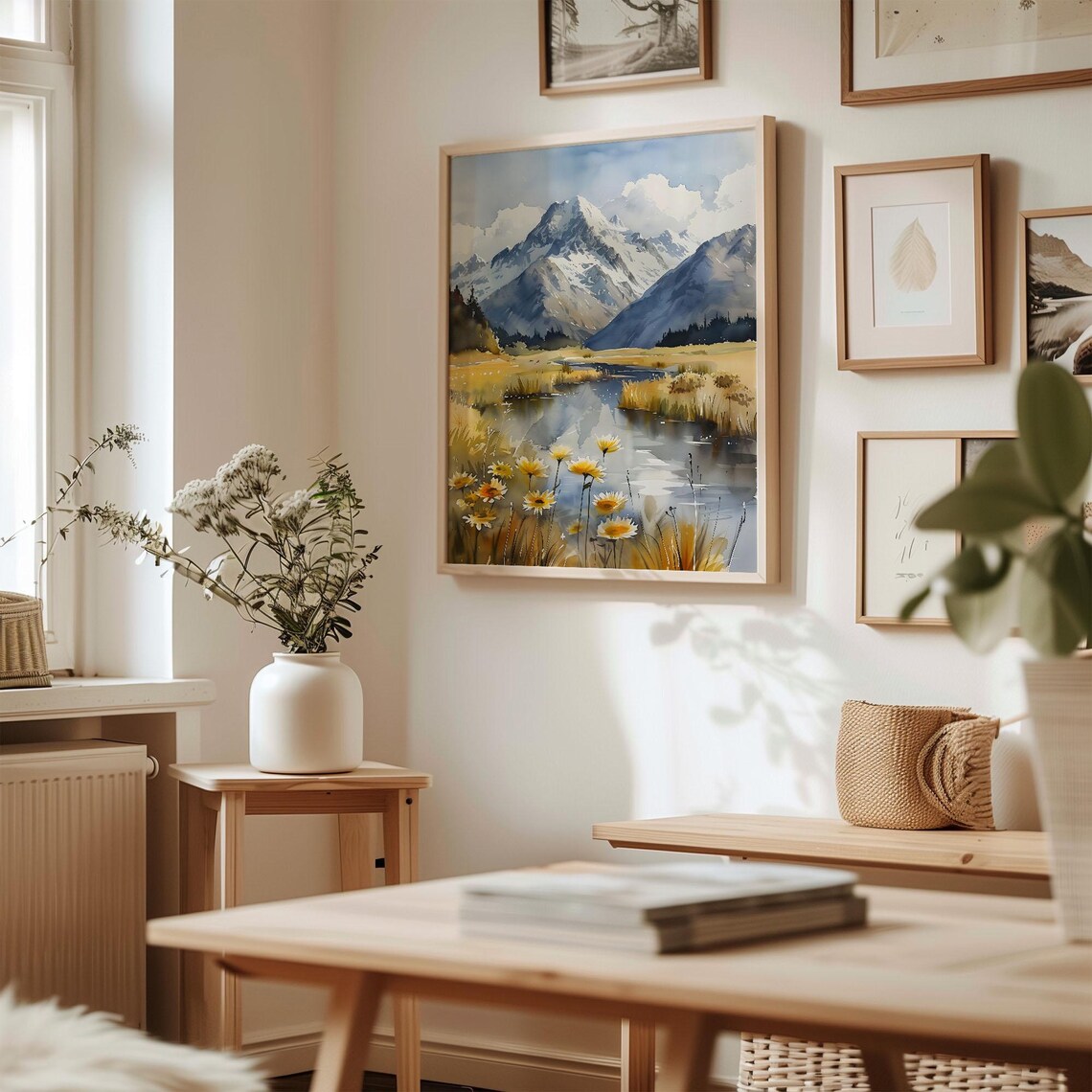 Mount Cook New Zealand Snow Peak Lake Daisies Watercolor Poster - Image 3