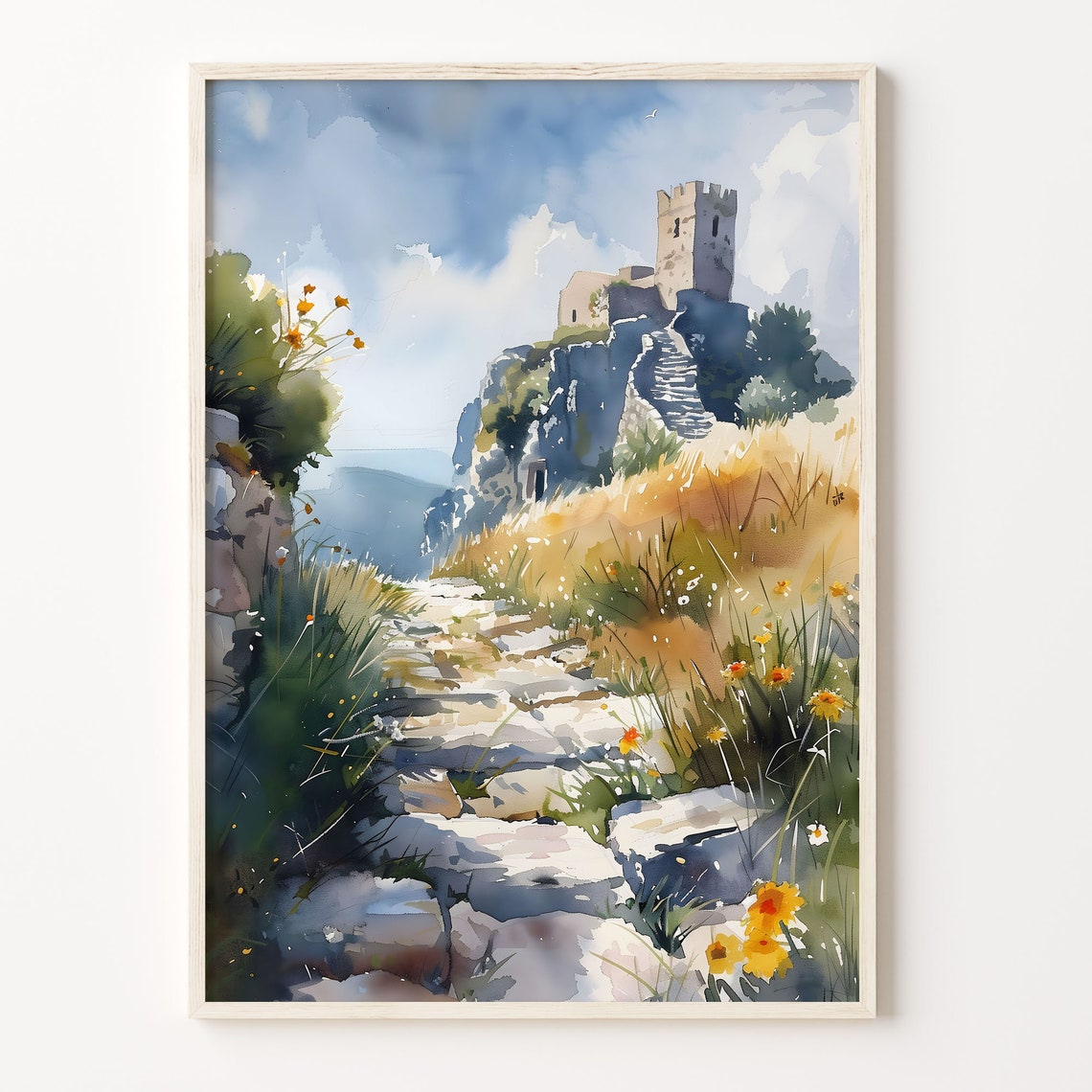 Cornwall Cliff Top Stone Ruin Wildflower Path Watercolor Poster