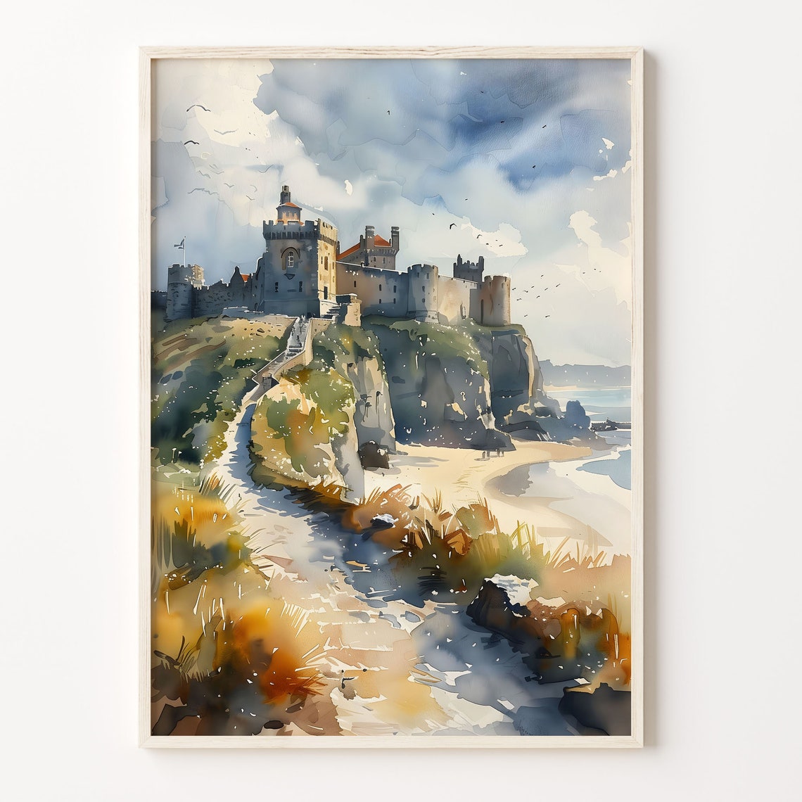 Bamburgh Castle Watercolor Poster Cliff Fortress Beach Golden Sand