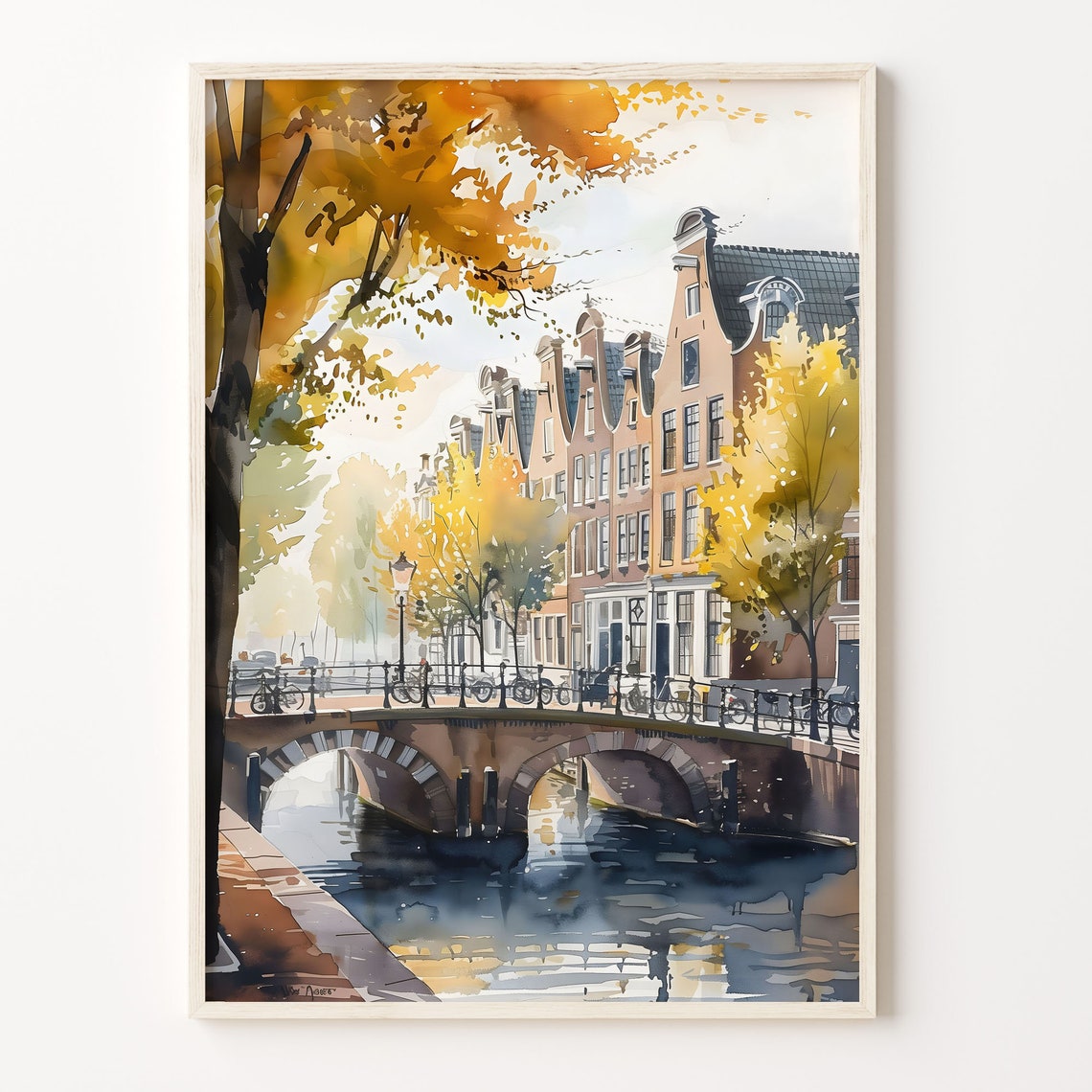 Amsterdam Canal Arched Bridge Gabled Houses Autumn Watercolor Poster