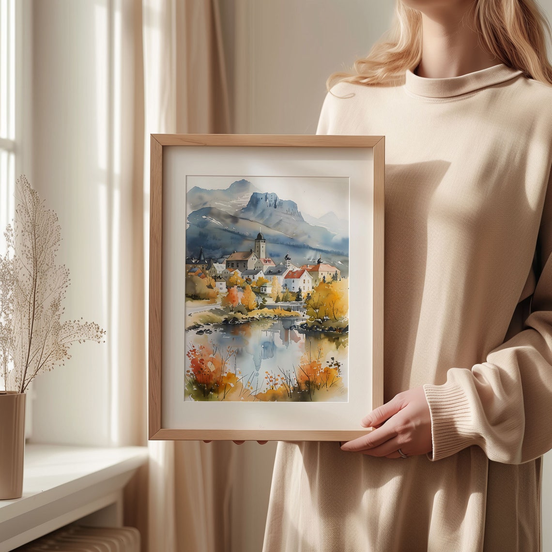 Iceland Lakeside Village Autumn Mountains Reflection Watercolor Poster - Image 2