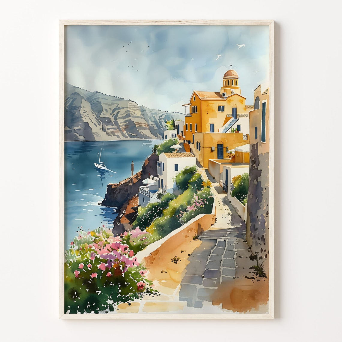 Santorini Greece Cliffside Village Caldera Sailboat Watercolor Poster