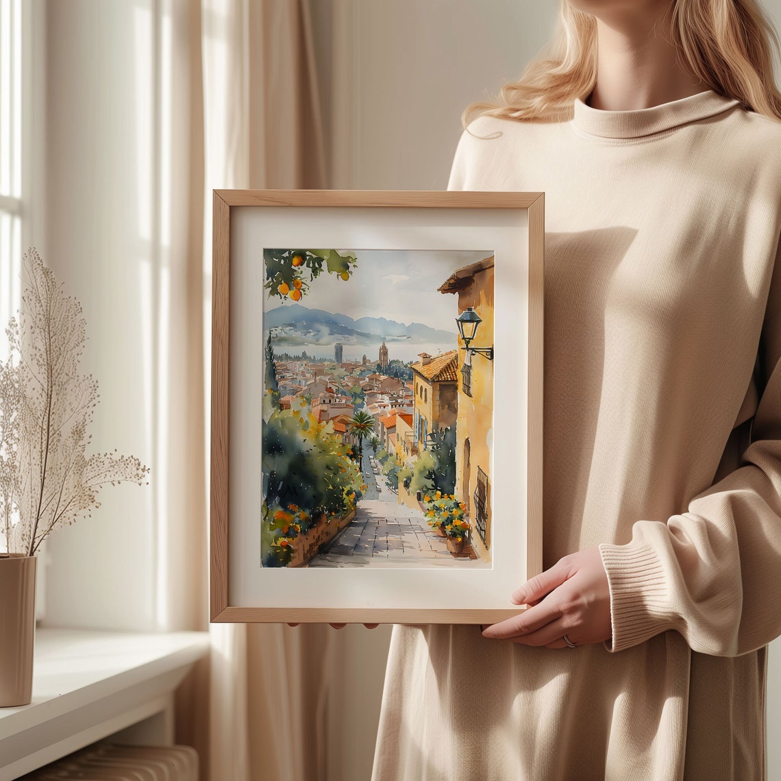 Barcelona Rooftops Orange Trees Hilltop View Watercolor Poster - Image 2