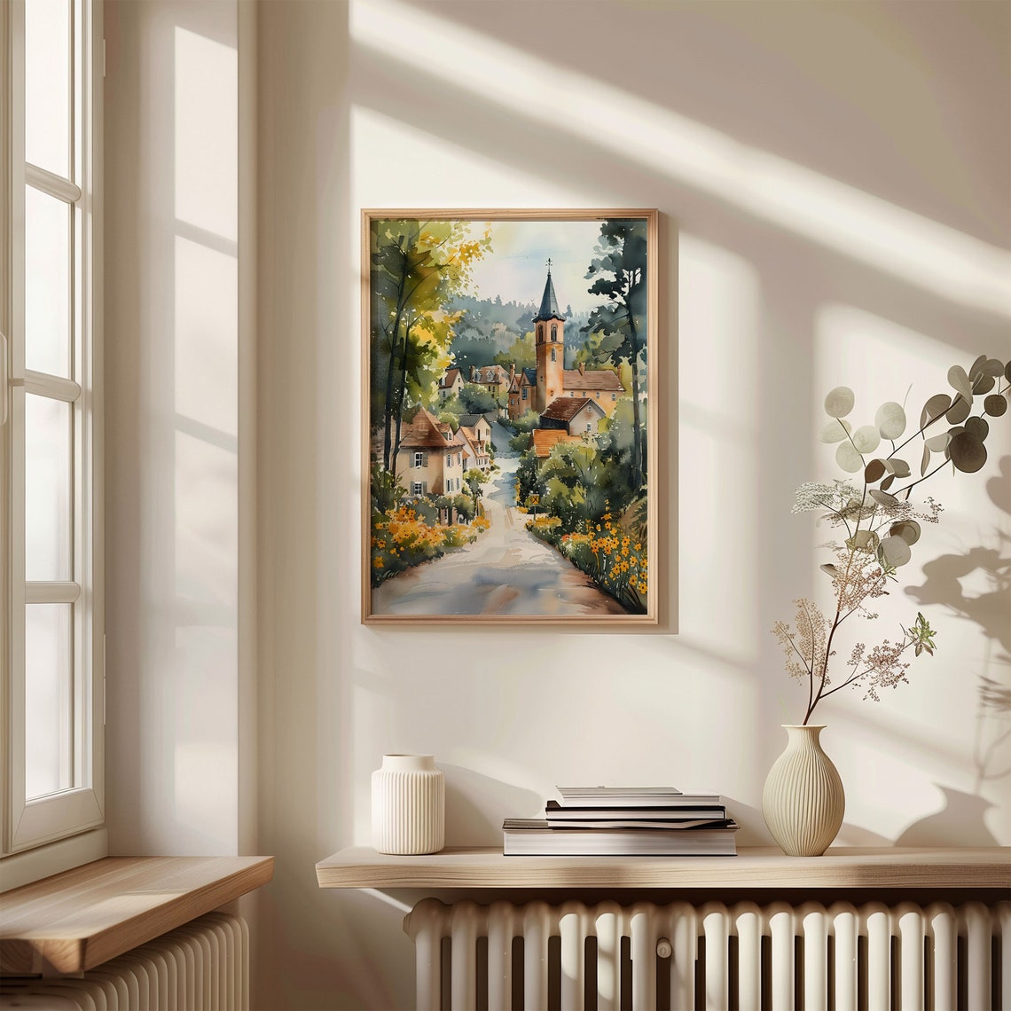 Charming Village Street Church Steeple Wildflowers Watercolor Poster - Image 4