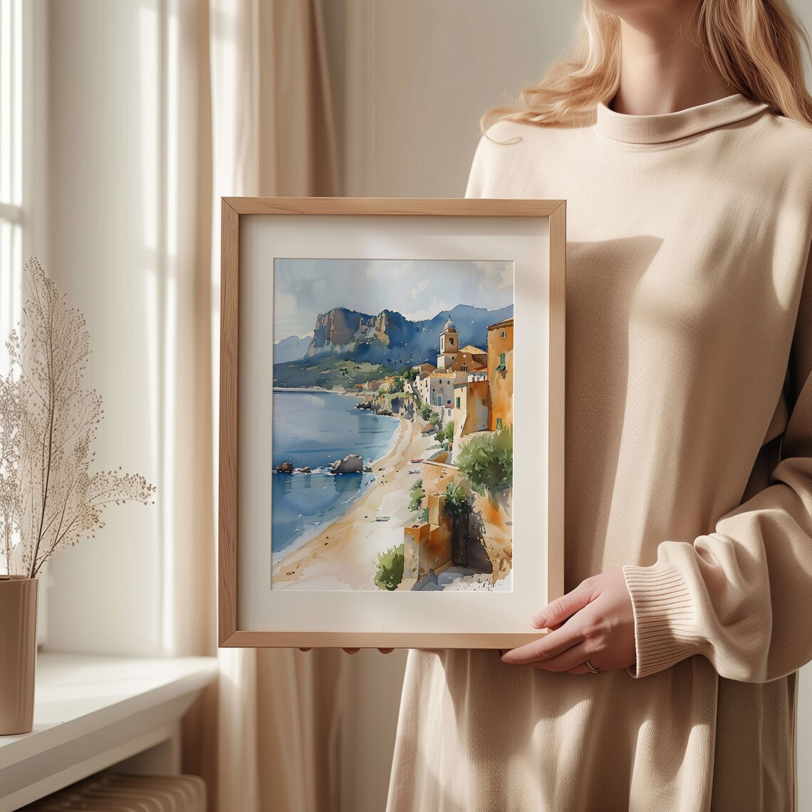 Sardinia Coast Watercolor Poster Seaside Village Beach Church Tower - Image 2