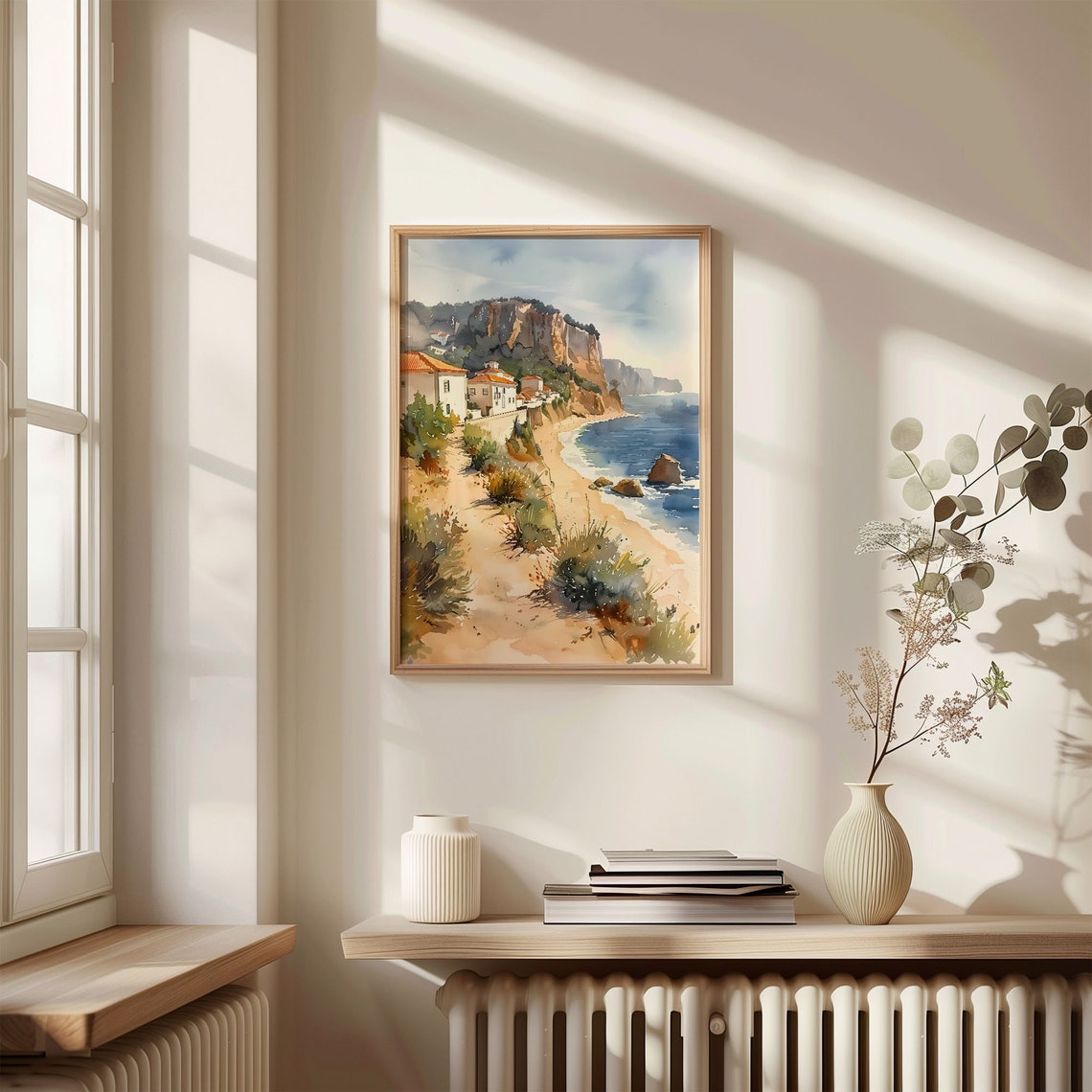 Nazare Portugal Beach Village Cliffs Red Roofs Watercolor Poster - Image 4