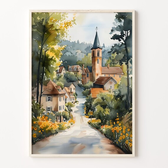 Charming Village Street Church Steeple Wildflowers Watercolor Poster