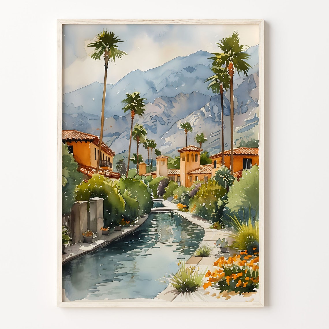 Palm Springs California Palms Canal Mountain View Watercolor Poster
