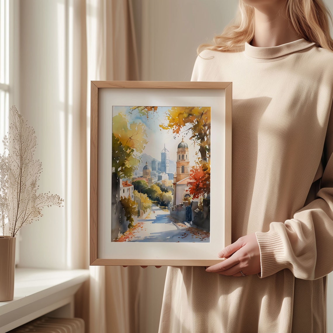 Perth Australia City Skyline Autumn Church Watercolor Poster - Image 2