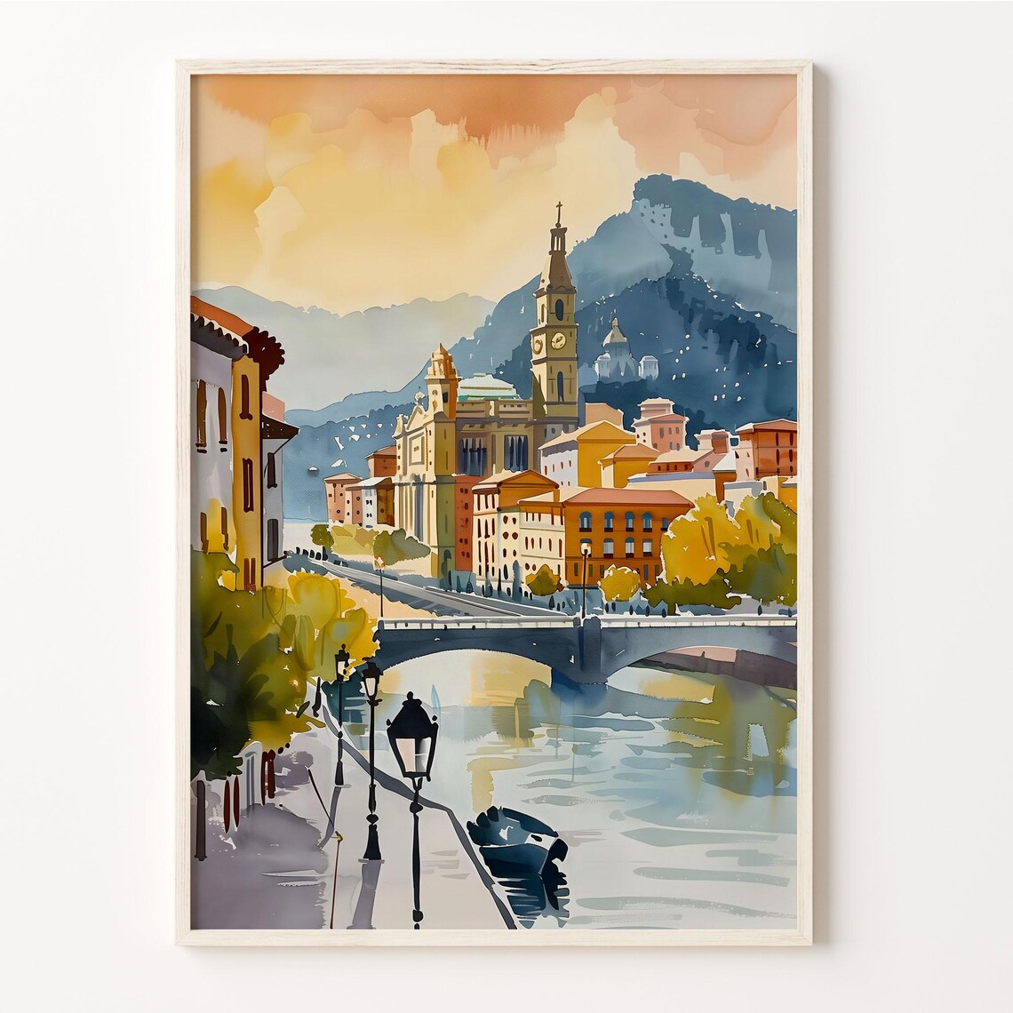 Bilbao Spain River Bridge Clock Tower Sunset Mountains Watercolor Poster