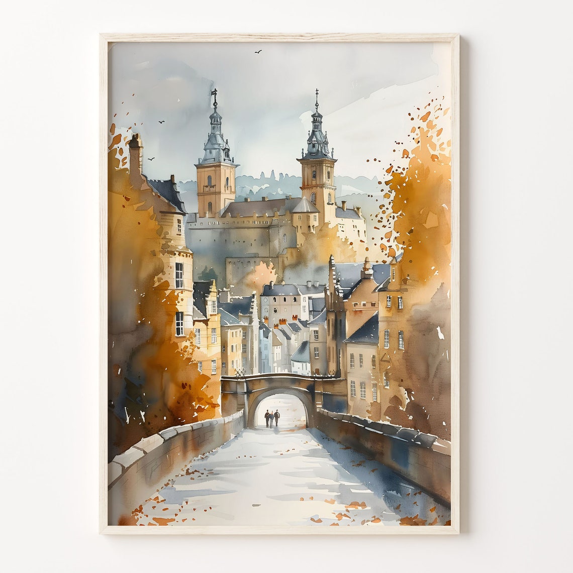 Bath England Watercolor Poster Twin Spires Arched Bridge Autumn
