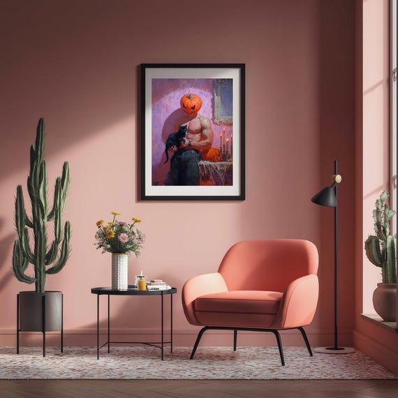 Halloween Queer Wall Art Muscular Man With Pumpkin Black Cat Pink Oil Painting Spooky Gay Home Decor Camp Print