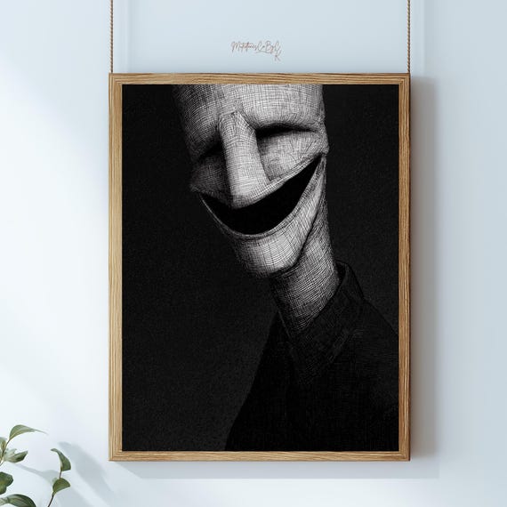 Creepy Smiling Face Horror Wall Art Gothic Halloween Decor Dark Abstract Scary Portrait Print Spooky Surreal Artwork For Haunted Home