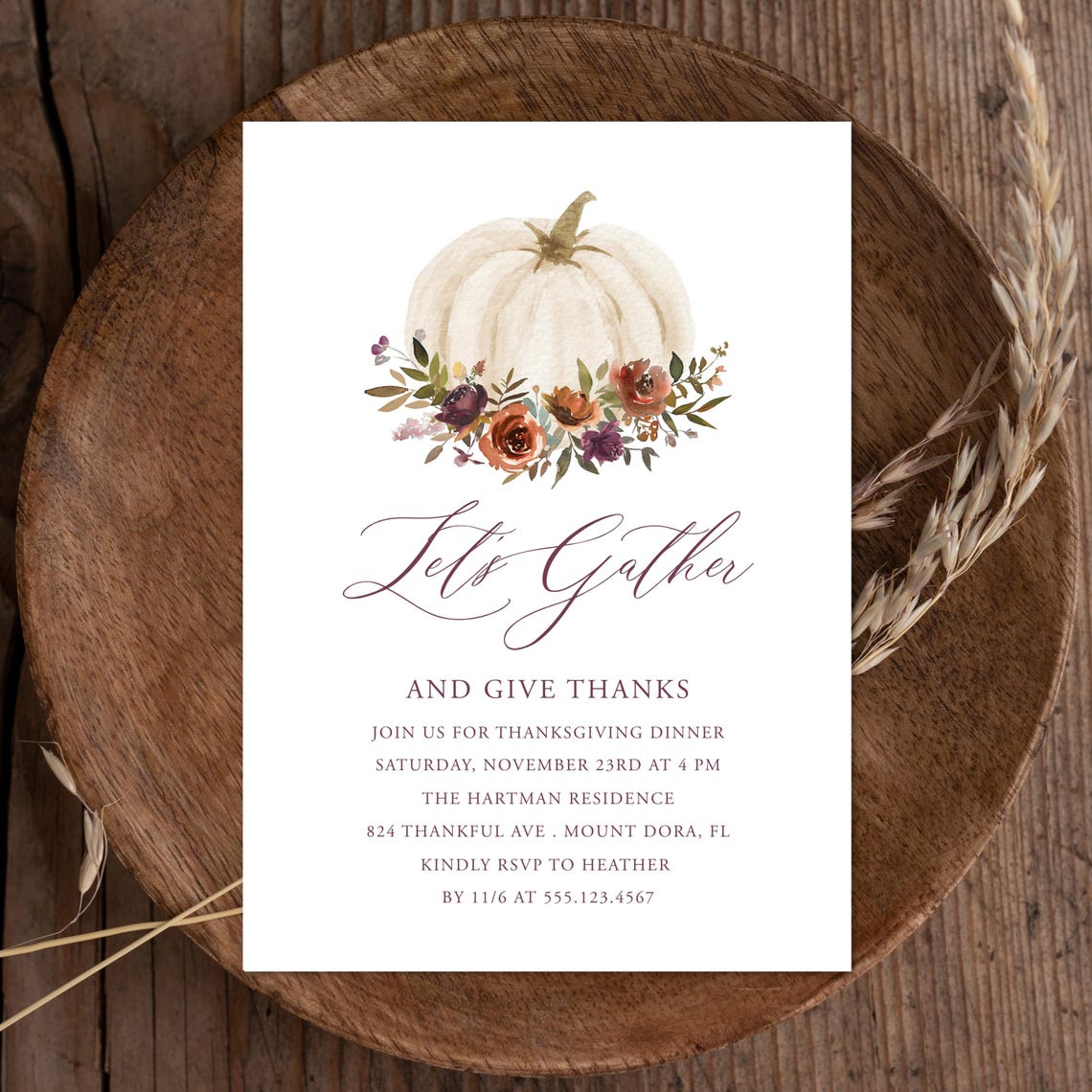 Elegant Lets Gather White Pumpkin Thanksgiving Invitation Print