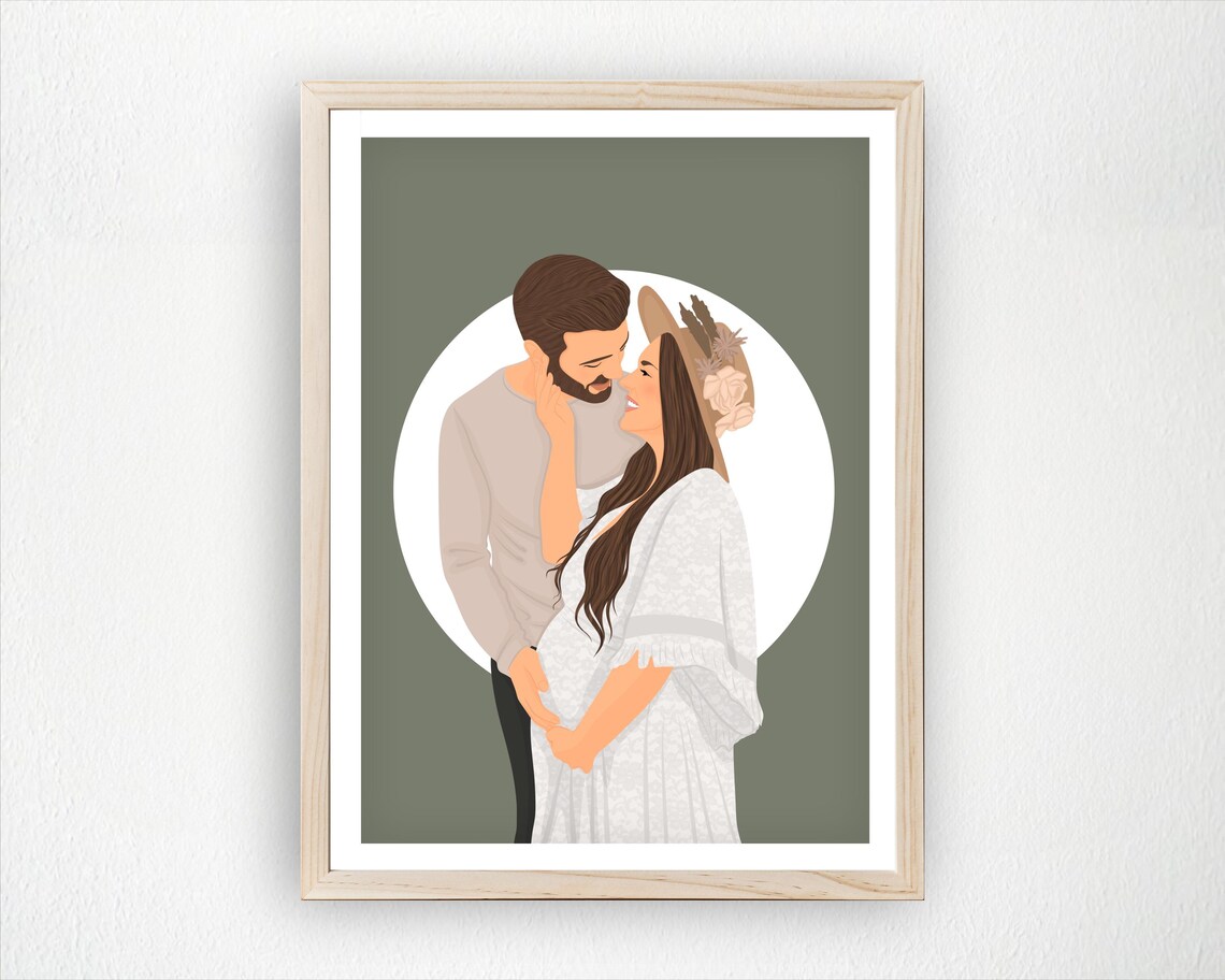 Custom Maternity Couple Portrait Illustration Sage Green Poster