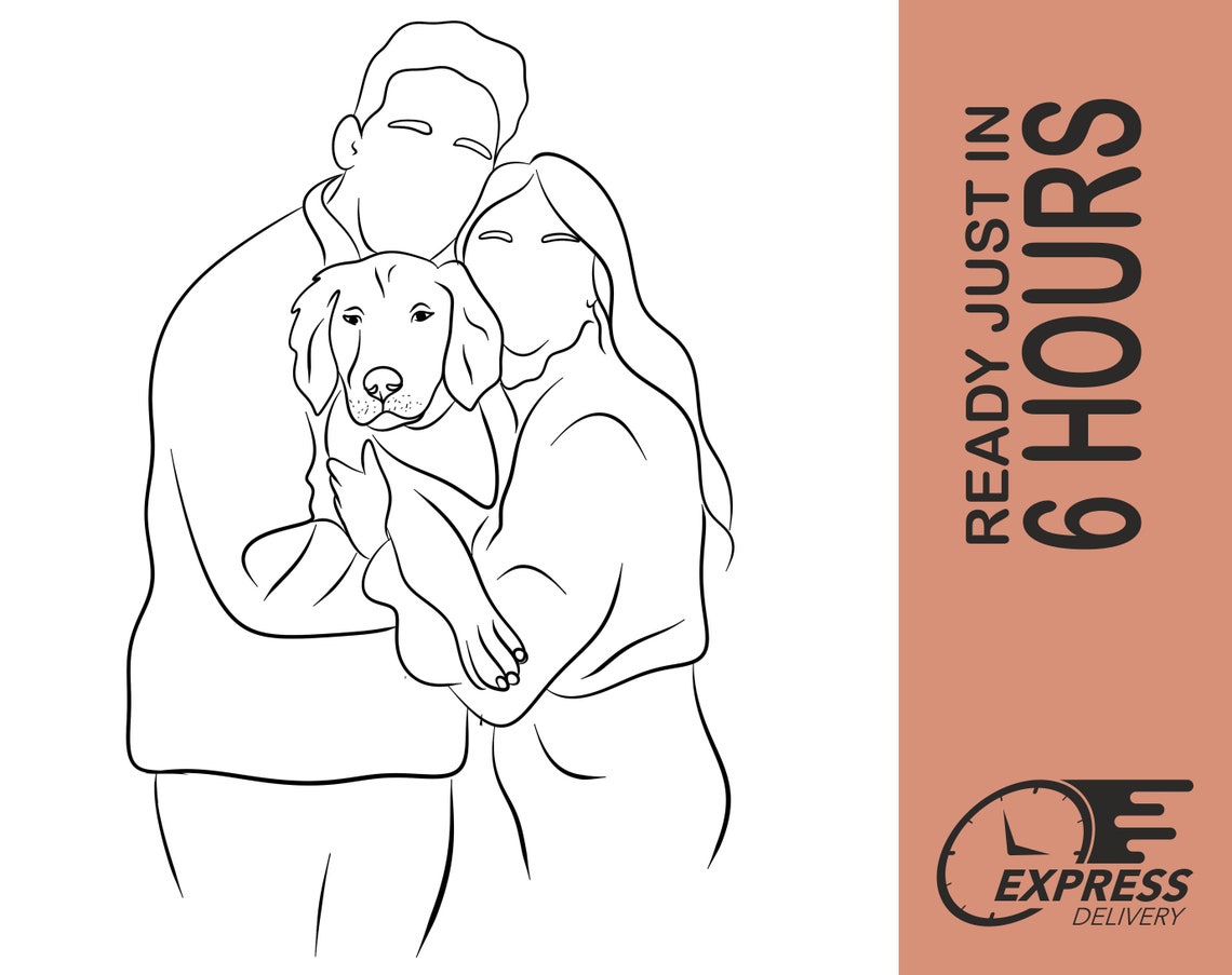 Custom Single Line Drawing Couple Portrait With Pet Dog Poster