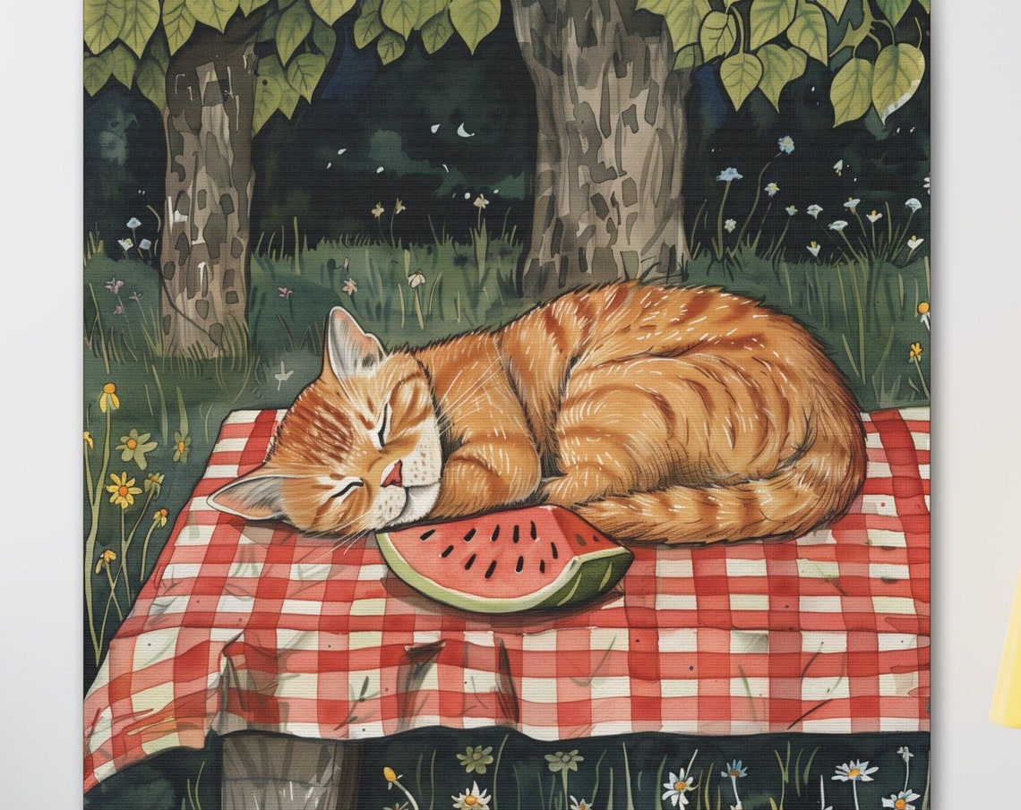 Ginger Cat Sleeping on Picnic Blanket With Watermelon Slice Poster
