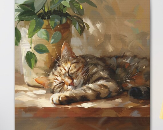 Sleeping Tabby Cat Napping in a Sunbeam by a Potted Plant Poster