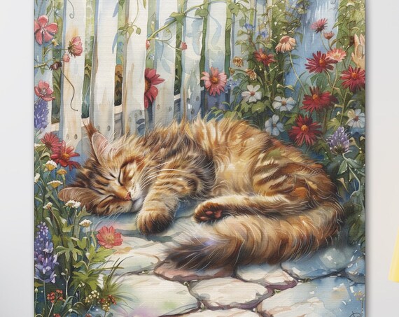 Tabby Cat Sleeping on a Stone Path in a Flower Garden Poster
