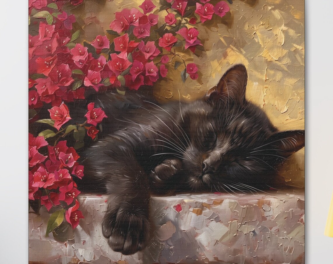 Black Cat Sleeping Among Red Bougainvillea Flowers Oil Painting Poster
