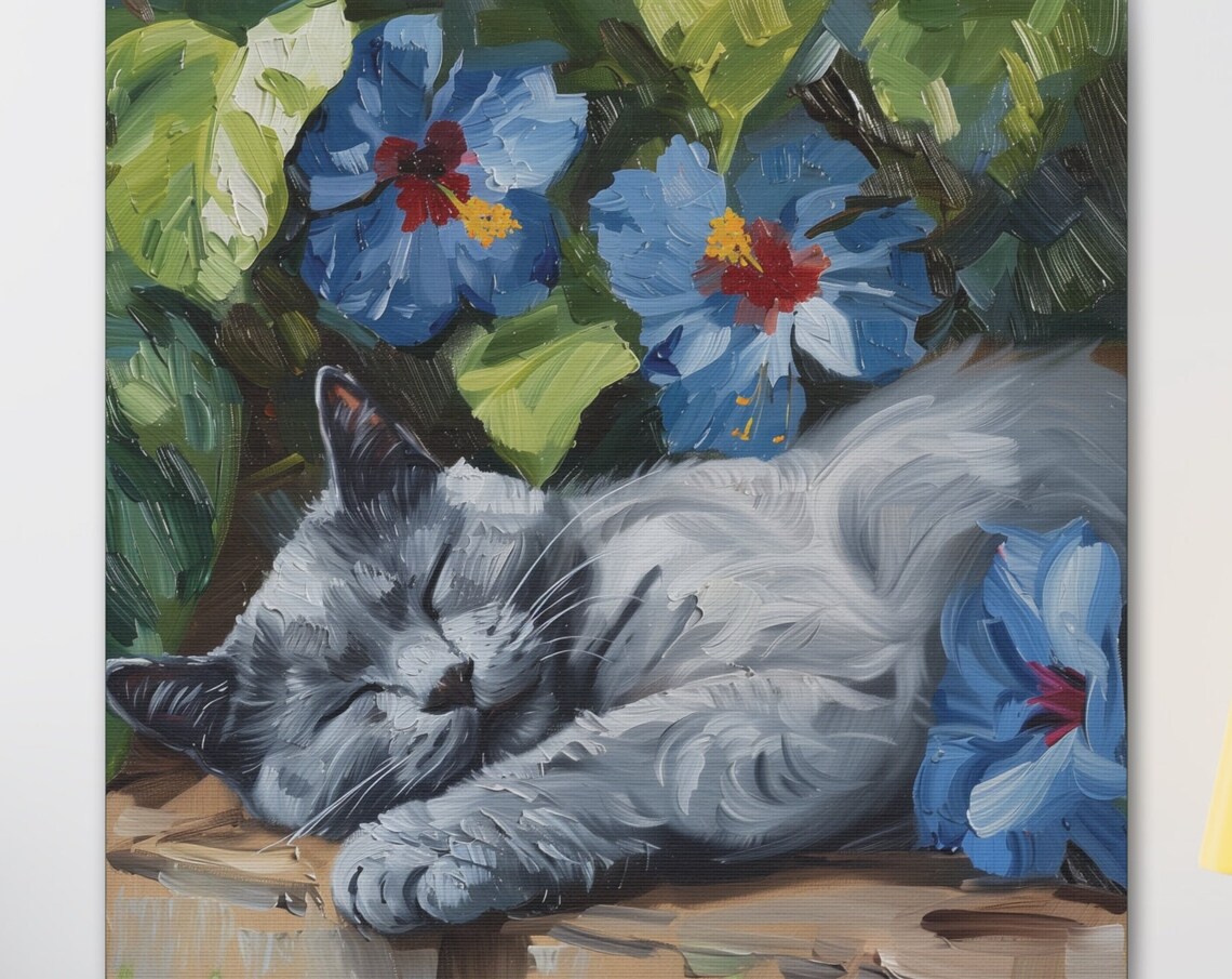 Russian Blue Gray Cat Sleeping Among Blue Hibiscus Flowers Poster